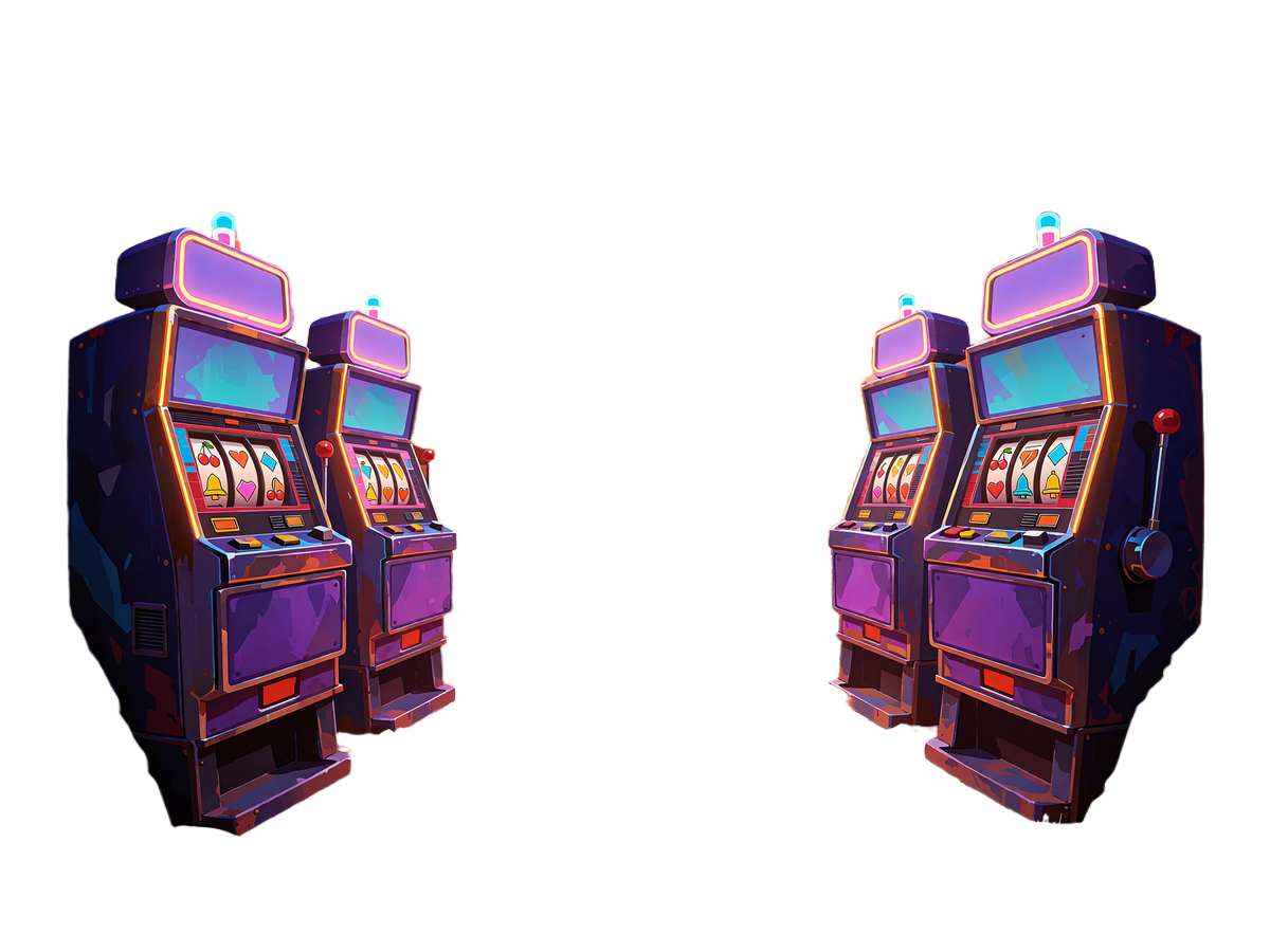 Malede spilleautomater med neonkant langs en r&oslash;d klippekl&oslash;ft ved solnedgang - popul&aelig;re slots hos V.Vegas