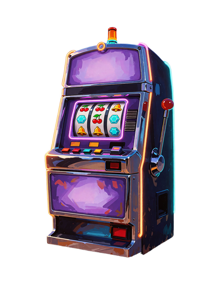 H&oslash;j retro spilleautomat med violet kabinet, amber neonstriber og kirseb&aelig;r, klokker og cyan &aelig;delsten p&aring; hjulene