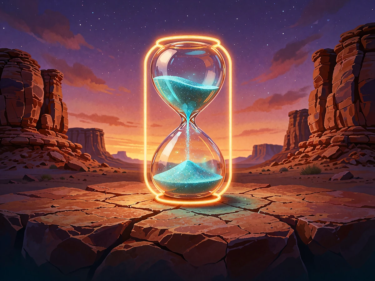 Timeglas med amber neonramme og cyan sand p&aring; en klippeplade mellem kl&oslash;ftv&aelig;gge - udbetaling fra casino tager tid