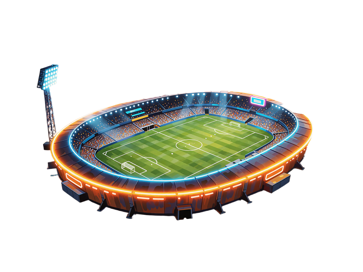 Oval fodboldstadion med amber neonring og lysmaster i &oslash;rkenen ved skumring - sportsbook og live-odds