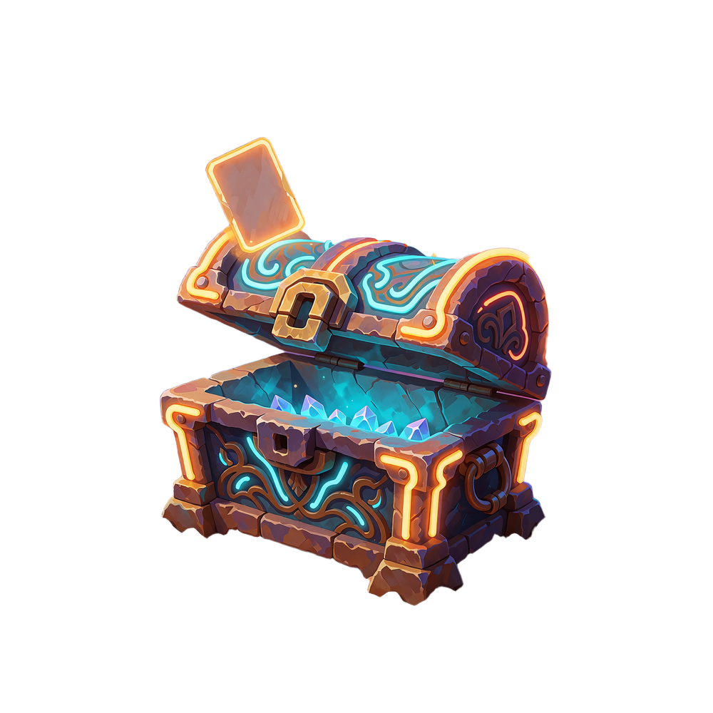 Udsk&aring;ret stenkiste med amber neons&oslash;mme, &aring;bent l&aring;g og cyan lys med sv&aelig;vende kort - Loot Boxes hos V.Vegas