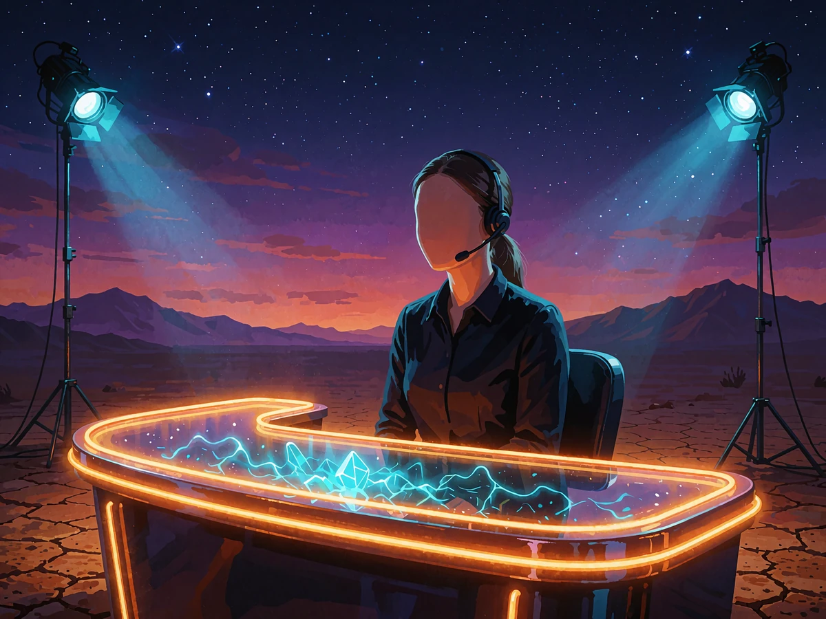 Anonym supportmedarbejder med headset ved et neonoplyst skrivebord p&aring; en &oslash;rkenscene - hj&aelig;lp til V.Vegas FAQ