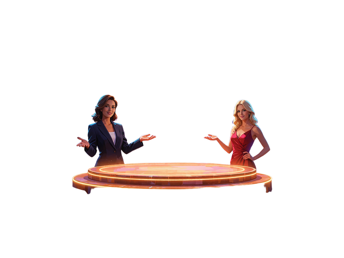 Game show-scene i &oslash;rkenen med spotlys, v&aelig;rter og hologrammer - live casino og game shows hos V.Vegas